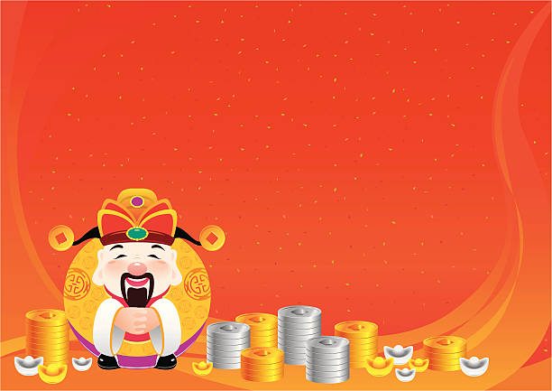 ilustraciones, imágenes clip art, dibujos animados e iconos de stock de dios de prosperidad chino tradicional de suerte con fondo - greeting chinese new year god coin