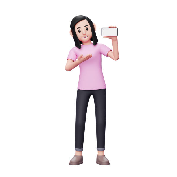 istock Woman introduce something with a landscape phone screen, 3d render character illustration 1366915550