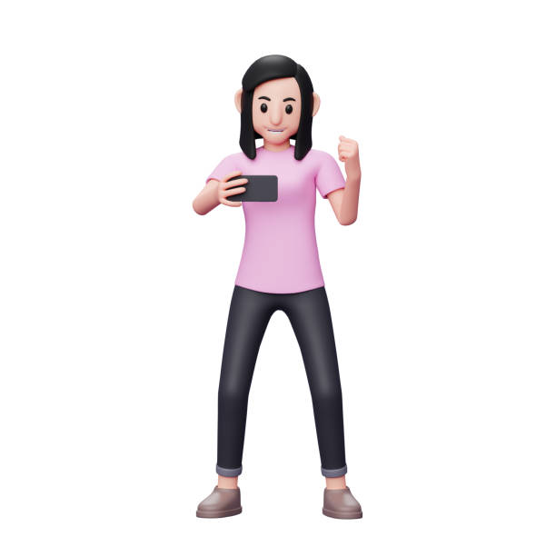 istock Girl looking at the phone screen while shouting happy celebrating victory, 3d character illustration 1366915565