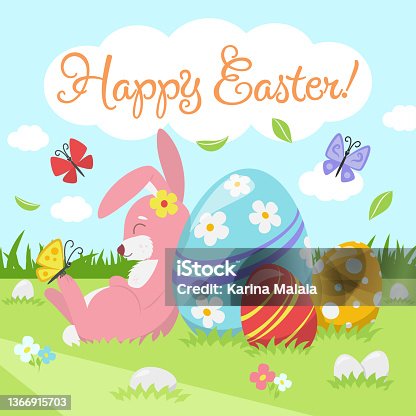 istock Sleeping bunny with Easter eggs in spring meadow 1366915703