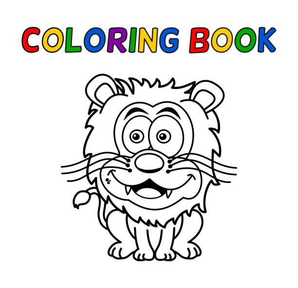śliczny siedzący lew do kolorowania z czarno-białymi konturami - wektor - brunatny miś stock illustrations