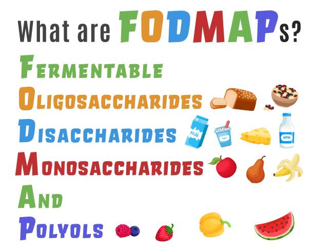 Fodmap. Carbohydrates and sugars. Editable vector illustration Fodmaps are hard to digest carbohydrates and sugars. Healthy nutrition infographics. Irritable Bowel Syndrome. Digestive problems causes. Editable vector illustration isolated on a white background carbohydrate food type stock illustrations
