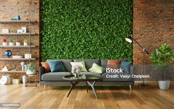 Living Room With Green Walls Ecostyle In Interior Vertical Garden 3d Render Stock Photo - Download Image Now