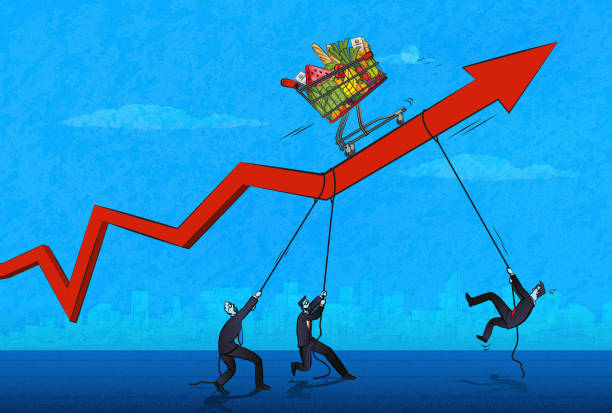 Food Inflation Men trying to reach the shopping cart that rises up on the arrow. (Used clipping mask) inflation stock illustrations