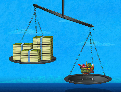 Scale balance with money and shopping cart full of food. Food infaltion concept. (Used clipping mask)