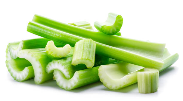 istock Pile of celery ribs isolated on white background. 1366923061