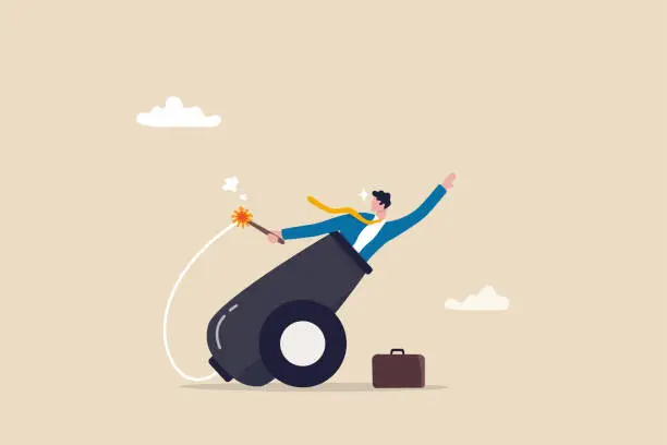 Vector illustration of Self motivation to improve and boost business growth, determination to victory, challenge and ambition concept, confidence businessman ignite the cannon to launch himself flying high to reach target.