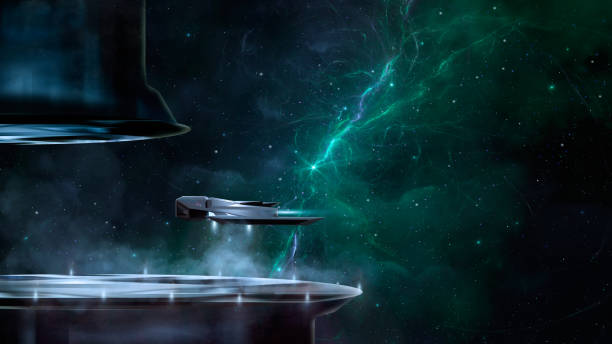 istock Spaceship landing on dock in space scene with colorful nebula 1366926122