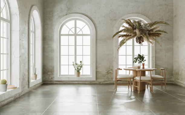 istock Minimalist interior wiht grungy walls and arch windows. Interior mockup, 3d render 1366927480