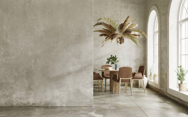 istock Minimalist interior wiht grungy walls and arch windows. Interior mockup, 3d render 1366927499