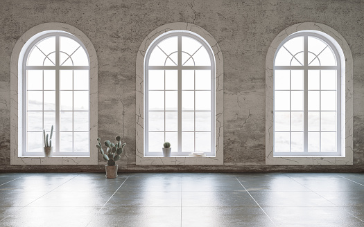 Minimalist interior wiht grungy walls and arch windows. Interior mockup, 3d render