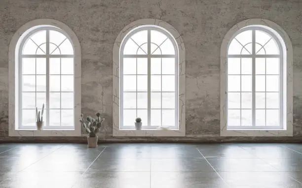 Photo of Minimalist interior wiht grungy walls and arch windows. Interior mockup, 3d render