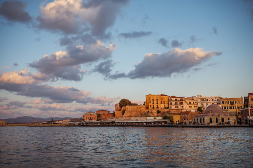 Crete, Greece: The old venetian port of chania in the evening.