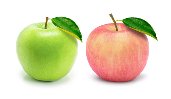 Two green granny smith apple and pink fuji apple with green leaf isolated on white  background.