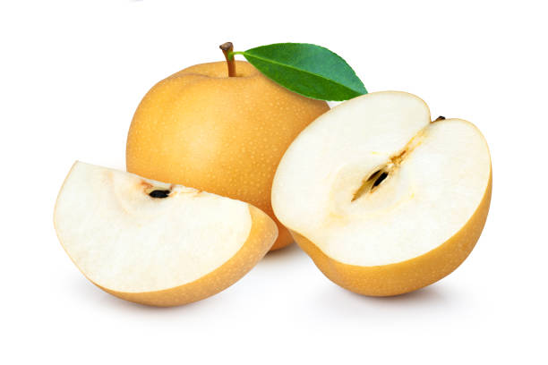 istock Chinese pear with green leaf and cut in half slice isolated on white background. 1366928900