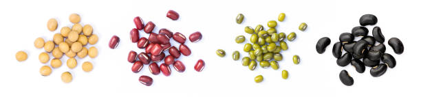 Collection of mix bean (soy beans, Adzuki bean, green mung, black bean) isolated on white background. Collection of mix bean (soy beans, Adzuki bean, green mung, black bean) isolated on white background. Top view. Flat lay. red mung bean stock pictures, royalty-free photos & images