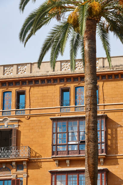 Traditional buildings facades in Mallorca destination. Balearic islands. Spain stock photo