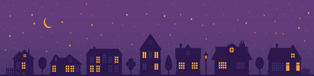 night street in neighborhood of city. skyline of houses in town. panorama vector illustration - 成排房屋 幅插畫檔、美工圖案、卡通及圖標