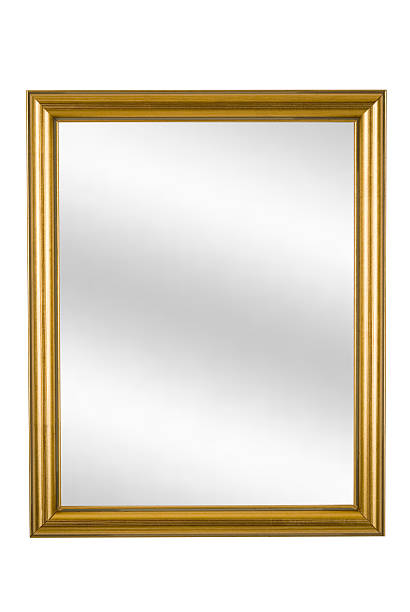 Gold Picture Frame with Mirror, Narrow Modern, White Isolated Gold picture frame with digital mirror inserted, narrow modern, white isolated background. mirror object stock pictures, royalty-free photos & images