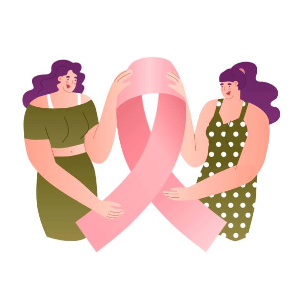 ilustrações de stock, clip art, desenhos animados e ícones de two girls hold big pink ribbon, symbol breast cancer awareness. sign of fight and protection from disease. world aids day on december 1. flat style in vector illustration. women health care. mammolog - breast cancer awareness ribbon ribbon breast cancer cancer