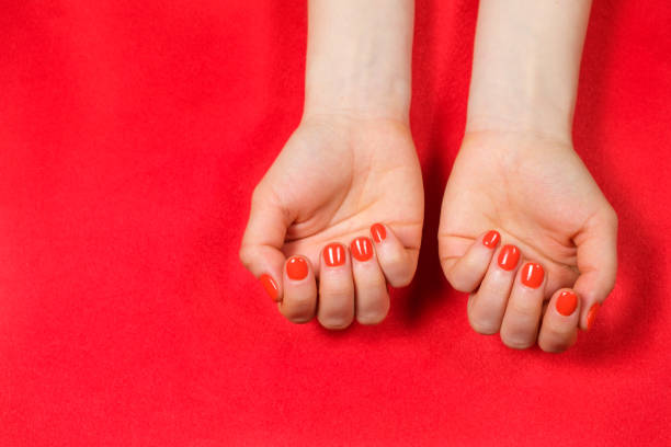 Women's hands with red color nail polish on short nails, copy space for text