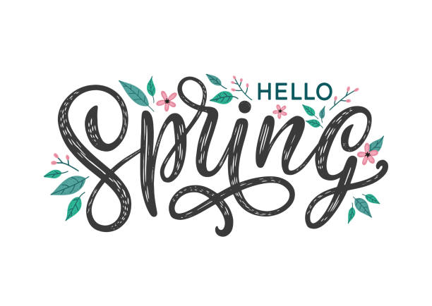 hello spring hand-sketched lettering dihiasi oleh bunga dan daun. - musim semi ilustrasi stok