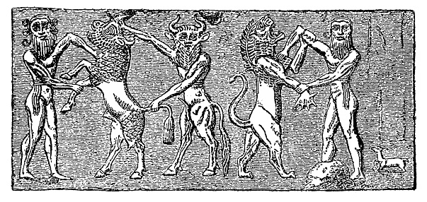 Illustration of a Gilgamesh and Eabani (Enkidu) are killing the deer and the lion- Sumerian cylinder seal
