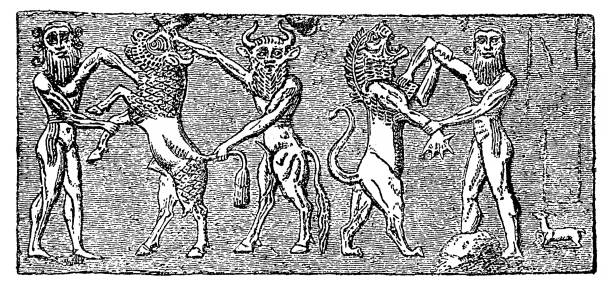 Gilgamesh and Eabani (Enkidu) are killing the deer and the lion- Sumerian cylinder seal Illustration of a Gilgamesh and Eabani (Enkidu) are killing the deer and the lion- Sumerian cylinder seal drawing board stock illustrations