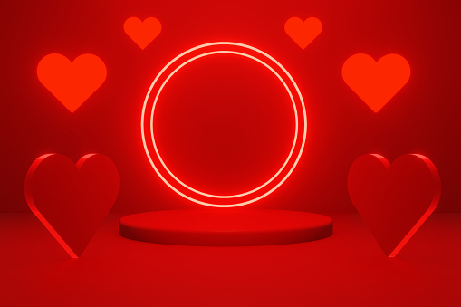 Podium product background for Valentine’s day. Red hearts with neon lighting pedestal and copy space on the illuminated color gradient red background