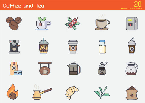 kawa i herbata.kawiarnia kawowa . zawiera takie ikony, jak hot coffee.coffee machine lineal color icons - leaf cup breakfast drink stock illustrations