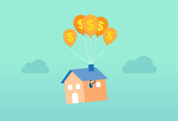 House float in the sky by currency balloon, home ownership, house rental, savings investment House float in the sky by currency balloon, home ownership, house rental, savings investment, Vector illustration design concept in flat style estate stock illustrations
