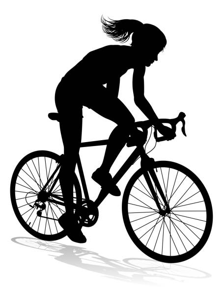 illustrazioni stock, clip art, cartoni animati e icone di tendenza di donna ciclista in bicicletta in bicicletta silhouette - cyclist cycling road women