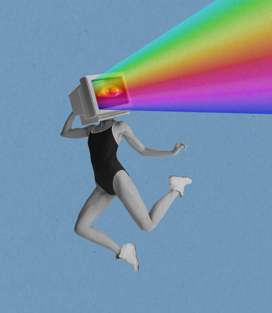 istock Contemporary artwork. Young slim girl wearing swimsuit with retro computer, pc instead head dancing isolated over light background. 80s, 90s style. Surrealism 1366939120