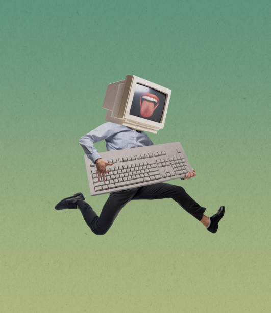 zeitgenössische kunstcollage von mann in bürokleidung mit retro-computer, pc statt kopf läuft isoliert über grünen hintergrund - globe keyboard stock-fotos und bilder