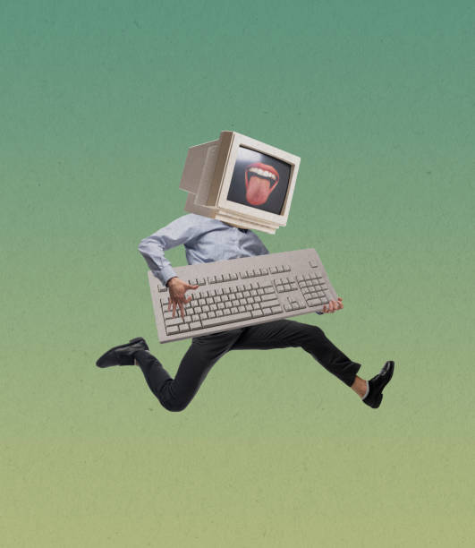 Contemporary art collage of man in office style clothes with retro computer, pc instead head running isolated over green background stock photo
