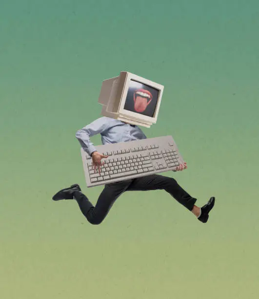Photo of Contemporary art collage of man in office style clothes with retro computer, pc instead head running isolated over green background