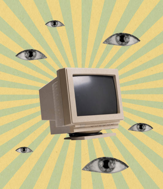 Contemporary art collage. Old-fashioned, retro computer, PC isolated over background with human eyes. 80s, 90s style