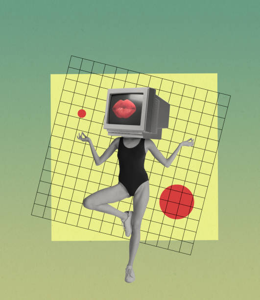 istock Contemporary artwork. Young slim girl wearing swimsuit with retro computer, pc instead head dancing isolated over light background. 80s, 90s style. Surrealism 1366939138