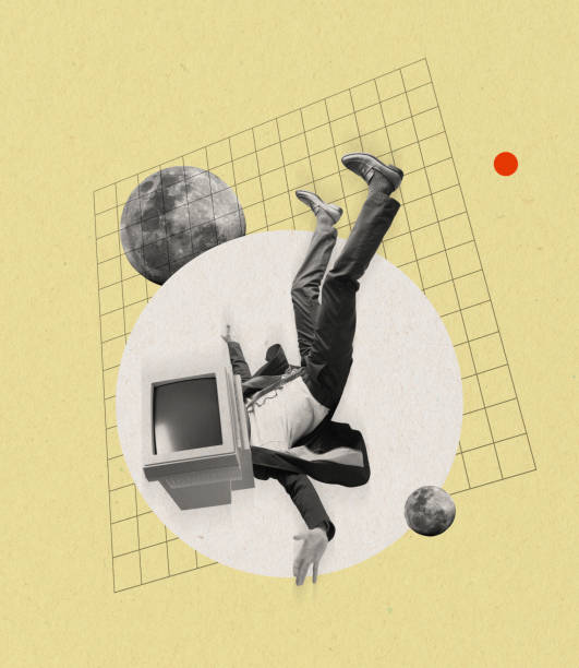 istock Young man, business man with retro computer, pc instead head flying isolated over background. 80s, 90s style. Surrealism 1366939141