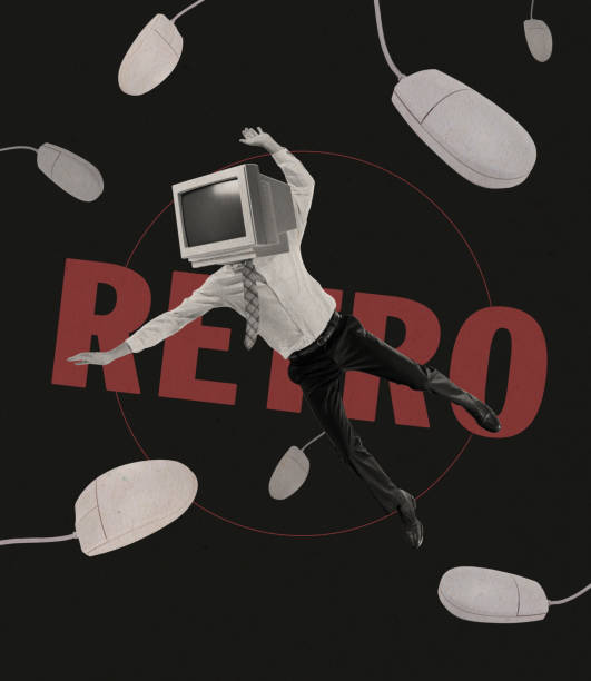 istock Young man, business man with retro computer, pc instead head flying isolated over black background. 80s, 90s style. Surrealism 1366939146