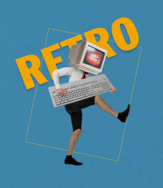 istock Contemporary art collage of man with retro computer, pc instead head running isolated over green background. 80s, 90s style 1366939148