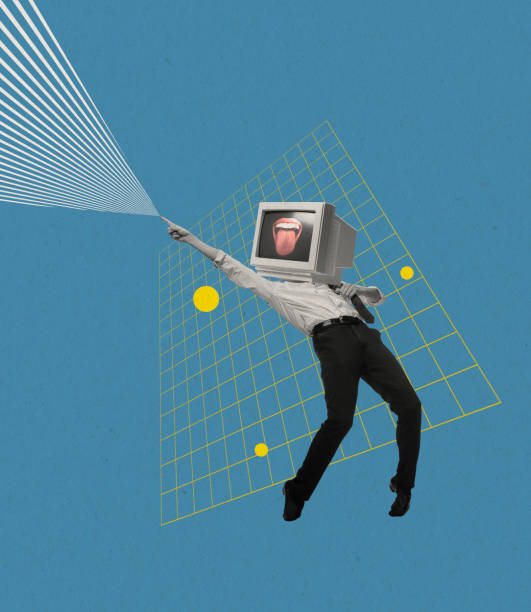istock Contemporary art collage of man with retro computer, pc instead head dancing isolated over blue background. 80s, 90s style 1366939152