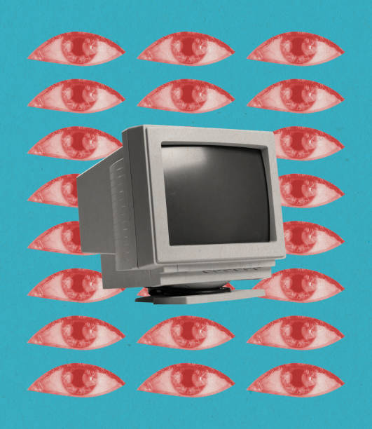 istock Contemporary art collage. Old-fashioned, retro computer, PC isolated over background with human eyes. 80s, 90s style 1366939162