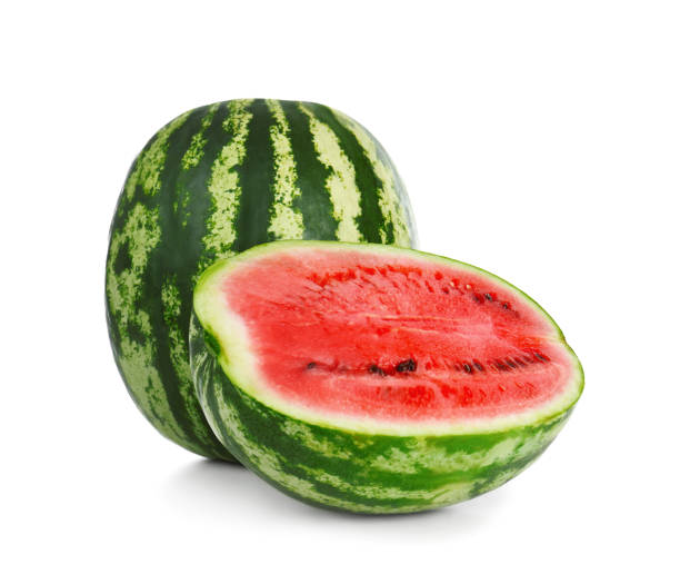 istock Delicious whole and cut watermelons isolated on white 1366939299