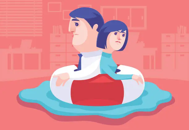 Vector illustration of sad business couple in buoy thinking in the office