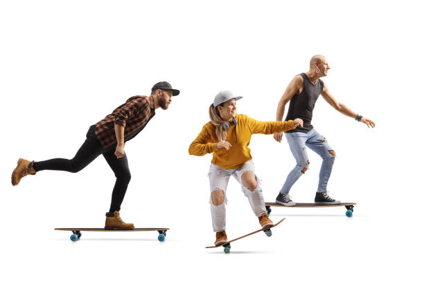 One female and two men riding skateboards isolated on white background