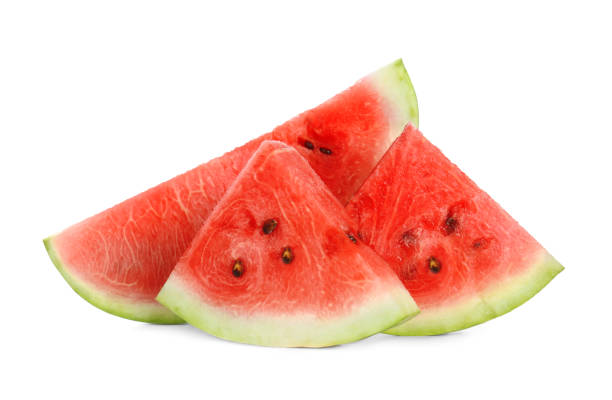 rodajas de deliciosa sandía madura aislada sobre blanco - watermelon fotografías e imágenes de stock