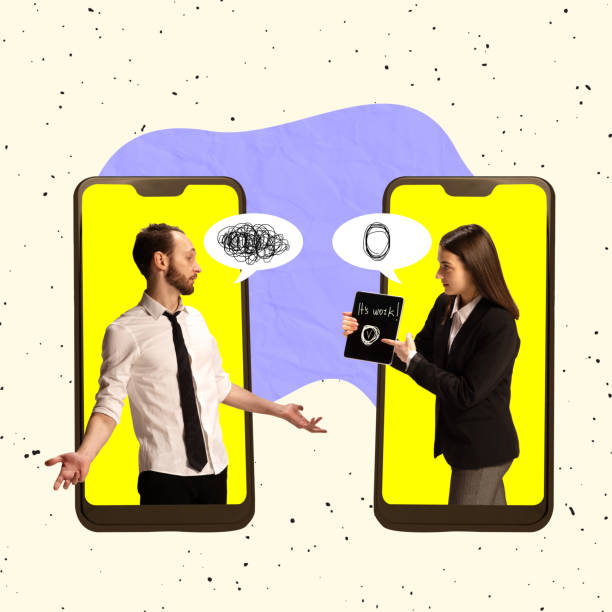 istock Creative design. Contemporary art collage. Two employees sticking out phone screen and discussing mistakes 1366942325