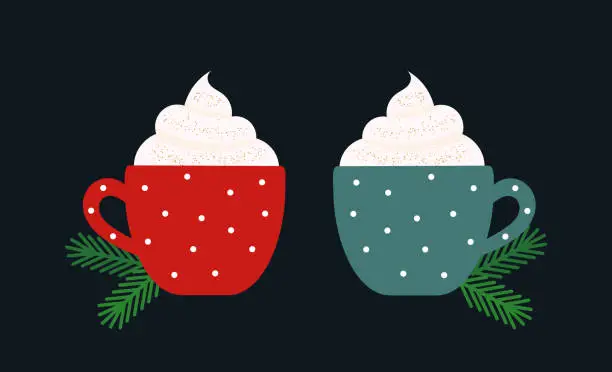 Vector illustration of Christmas coffee or hot chocolate two cute cups.