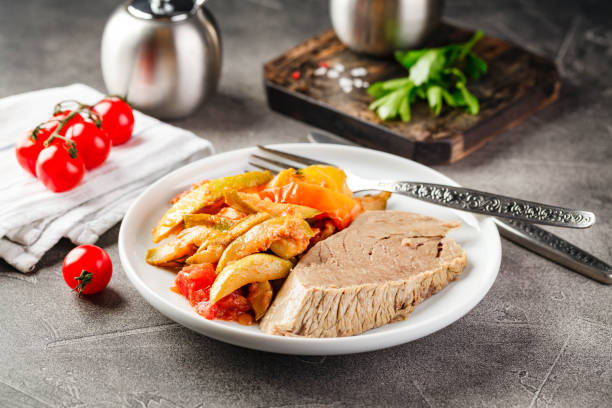 Dinner table with different dishes, set menu for nutritious healthy lunch in restaurant, business lunch